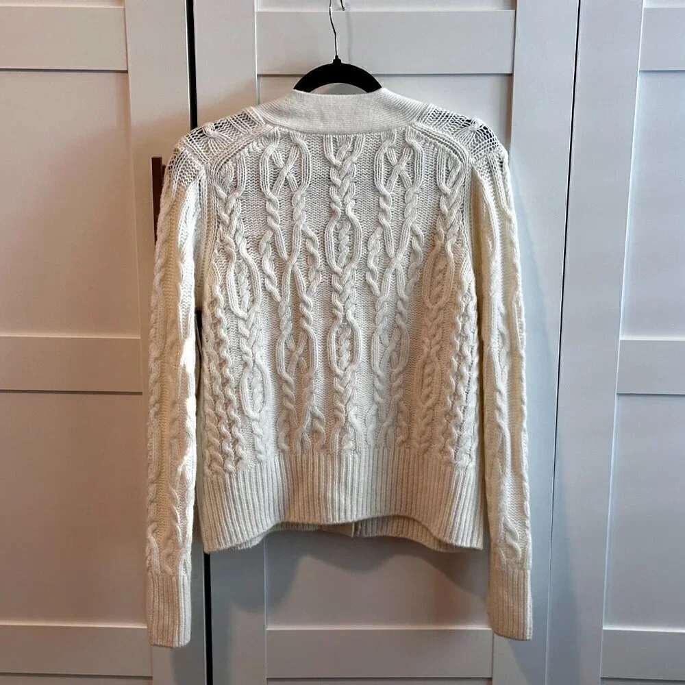 NEW VINCE Triple Braid Cable Wool Cashmere Blend Cardigan Sweater Off White - Picture 4 of 7